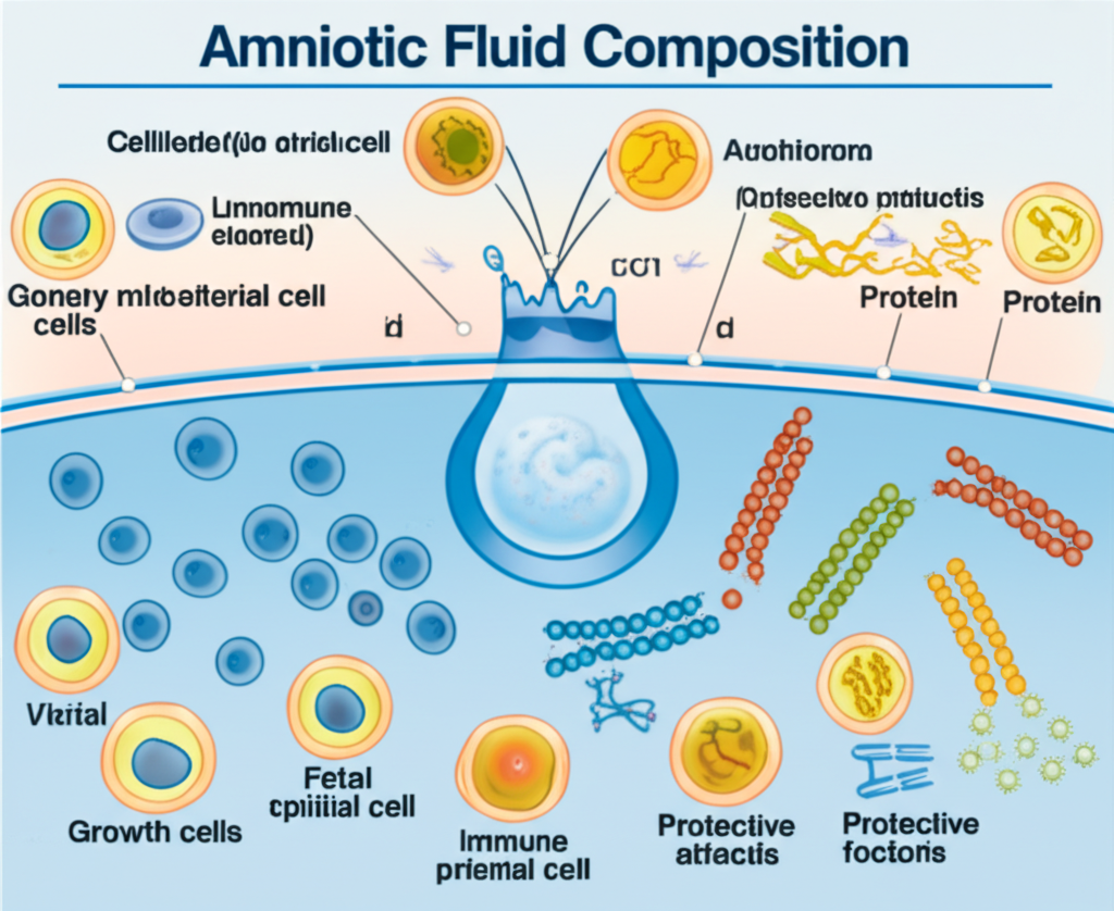 Educational diagram: amniotic fluid composition showing cells, proteins, growth factors, and protective elements.